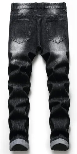 Vista 3 de Pantalones rajados para hombre, de mezclilla, ajuste regular, pierna acampanada, de corte entallado, con agujeros, pantalones de hombre de mezclilla