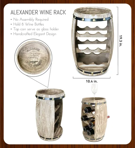 Vista 2 de Moderno Alexander - Soporte de vino de barril de madera independiente para 8 botellas de vino, soporte para botellas, soporte de suelo, estante