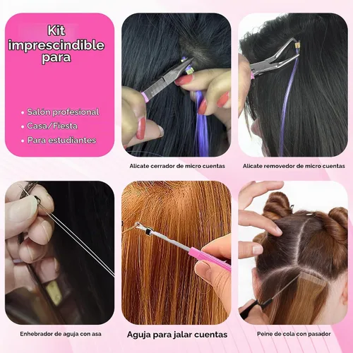 Vista 7 de Beauty & Crafts Herramientas de extensión de cabello, juego de alicates de acero inoxidable para microcuentas, 1 aguja de ganchillo, 1 gancho