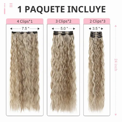 Vista 3 de Flufymooz - Extensiones de cabello con clip, 6 unidades, extensiones de cabello largas con ondas de sirena, sintético, postizo para mujer, 24 Marrón