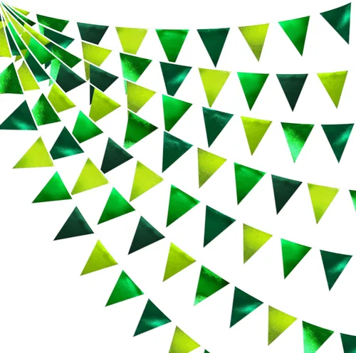 Vista 45 de Banderín de color verde azulado y aguamarina en forma de triángulo, bandera de tela metálica oscura, banderines de guirnalda de algodón