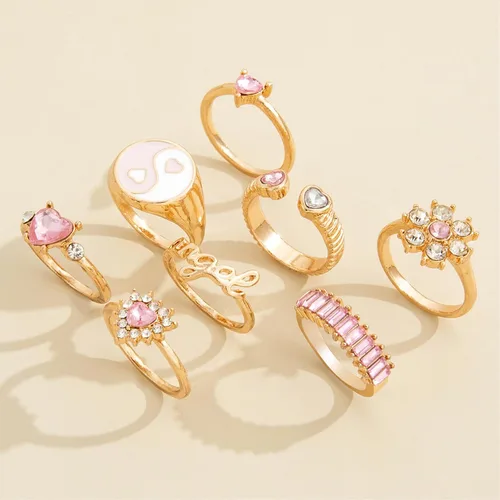 Vista 2 de Roe Dolph 8Pcs Pink Rings for Women Stackable Rings Set Boho Knuckle Rings Gold Stacking Rings Set Heart Yin-Yang Crystal Rings