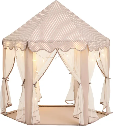 Vista 8 de wilwolfer Tienda de campaña tipo castillo de princesa para niñas, tienda de campaña hexagonal grande para jugar, casa de juegos con luces de Tienda