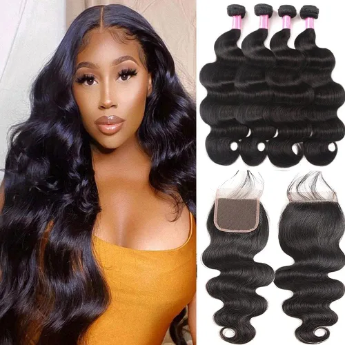 Vista 22 de Paquetes de Ondas Corporales con Cierre para Mujeres Negras (10 12 14+10) 100% Cabello Humano Brasileño de Ondas Corporales Sin Procesar 3 Paquetes
