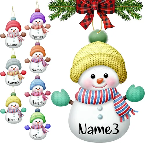 Vista 21 de Adornos de Navidad personalizados con nombres, muñeco de nieve, 8 piezas, adorno familiar personalizado, decoración colgante de madera para árbol