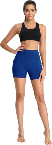 Vista 3 de Oalka Pantalones cortos de yoga para mujer, con bolsillos laterales, cintura alta, para entrenamiento, correr, deportes, 4 pulgadas