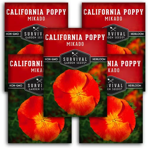 Vista 12 de Paquete de 1 semilla de amapola Mikado California para plantar, paquete con instrucciones para cultivar amapolas rojas en tu huerto casero, variedad