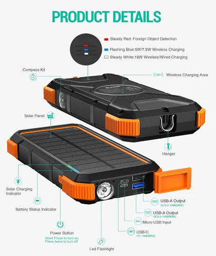 Vista 8 de BLAVOR Banco de energía solar, PD18W QC3.0 Carga rápida 10W Cargador inalámbrico 20000mAh Banco de energía alimentado por energía solar