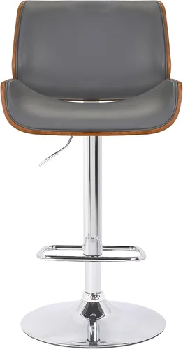 Vista 4 de Armen Living London Taburete de bar moderno giratorio de altura ajustable de piel sintética gris y madera de nogal con base cromada para encimera