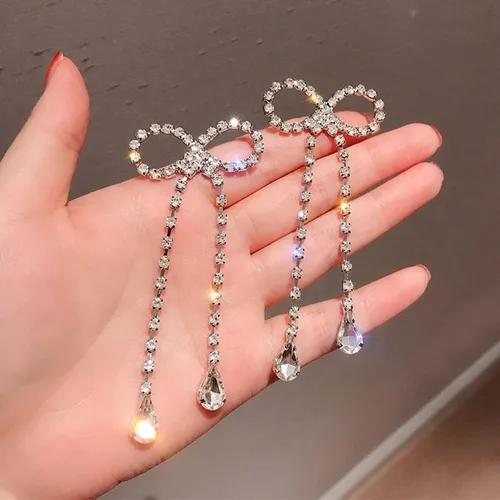 Vista 6 de Pendientes de plata 925 con lazo de cristal, aretes de diamantes de imitación hipoalergénicos para orejas sensibles