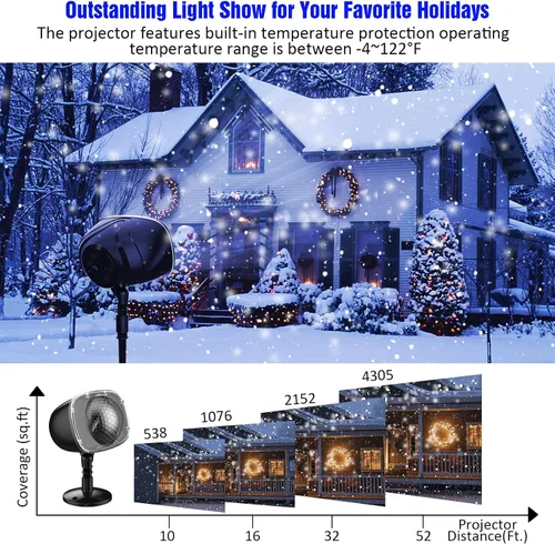 Vista 4 de Proyector de luz de nieve de Navidad, luces de proyector de vacaciones con control remoto, luces giratorias de caída de nieve, iluminación