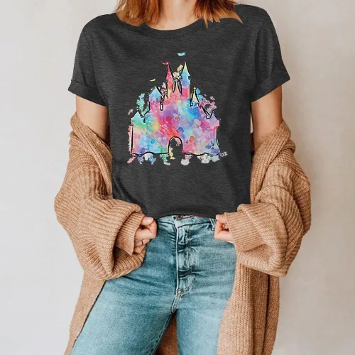 Vista 5 de Camiseta mágica para mujer, camiseta de reino mágico con estampado de castillo, camiseta familiar de manga corta, tops casuales de verano
