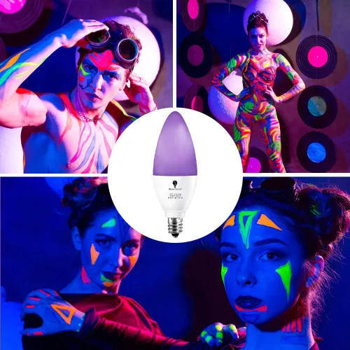 Vista 4 de Paquete de 2 bombillas LED negras, 6 W, E12, nivel de bombilla de luz negra, 385-400 nm, pintura corporal, que brilla en la oscuridad, bombilla LED