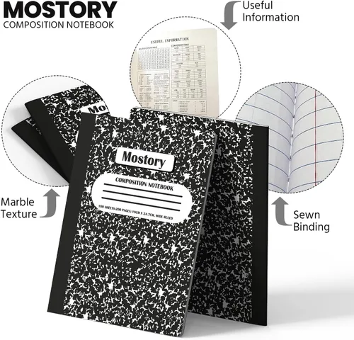 Vista 3 de MOSTORY Paquete de 5 cuadernos de composición – 200 páginas con rayas anchas (100 hojas), tamaño 7.5 x 9.75 pulgadas, suministros escolares a