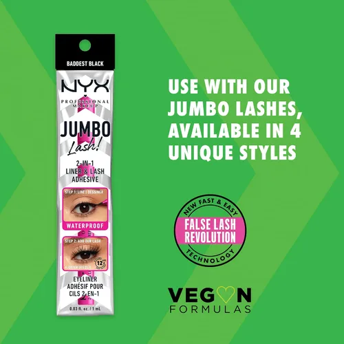 Vista 2 de NYX PROFESSIONAL MAKEUP Jumbo Lash! Delineador de ojos y adhesivo para pestañas 2 en 1, color negro Negro más malo