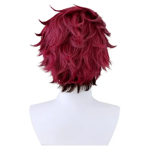 Vista 2 de Tanjiro - Peluca de cosplay Demon Slayer con aretes marcados Kimetsu No Yaiba, peluca de anime negro y rojo con gorra de peluca, peluca de cosplay