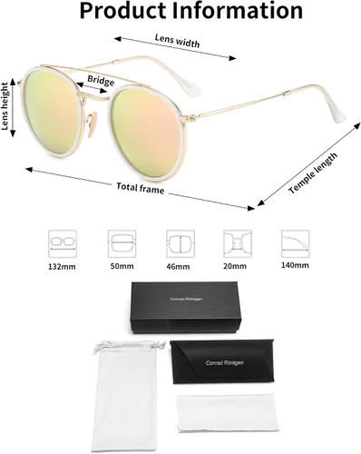 Vista 2 de CONRAD RONTGEN - Lentes de sol redondos retro para mujeres y hombres, doble puente con protección UV400