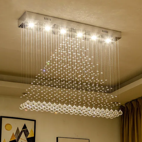 Vista 13 de Araña moderna de onda, araña rectangular de cristal con gotas de lluvia, montaje empotrado, lámpara colgante de techo cromada, ideal para comedor
