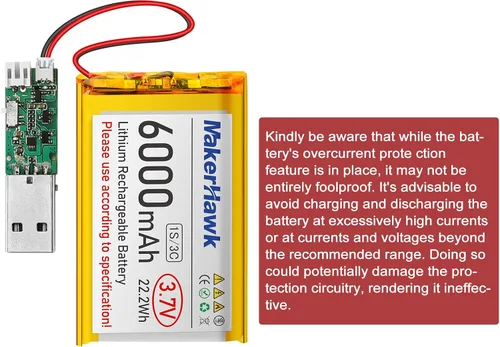 Vista 5 de MakerHawk Batería LiPo de 3.7V 6000mAh recargable 1S 3C 906090 Batería de polímero de litio con placa de protección, cinta de goma aislada, enchufe