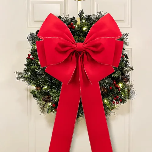 Vista 7 de Iceyyyy 2 lazos grandes de Navidad, 35.4 x 17.1 pulgadas, lazos de terciopelo rojo con bordes dorados, adornos para decoración de árbol de Navidad