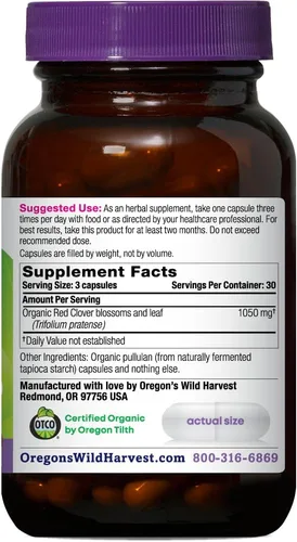 Vista 2 de Oregon's Wild Harvest Cápsulas de trébol rojo, suplementos de hierbas orgánicas sin OMG, 90 unidades, flores y hojas de trébol rojo orgánico