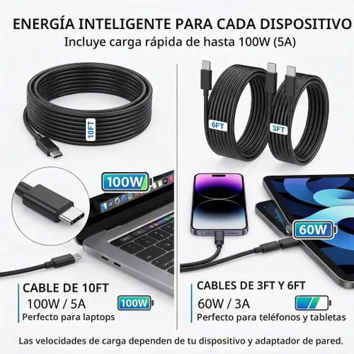 Vista 2 de Paquete de 3 cables de carga rápida USB C a USB C para cable cargador Negro 1x3ft+1x6ft+1x10ft-5A