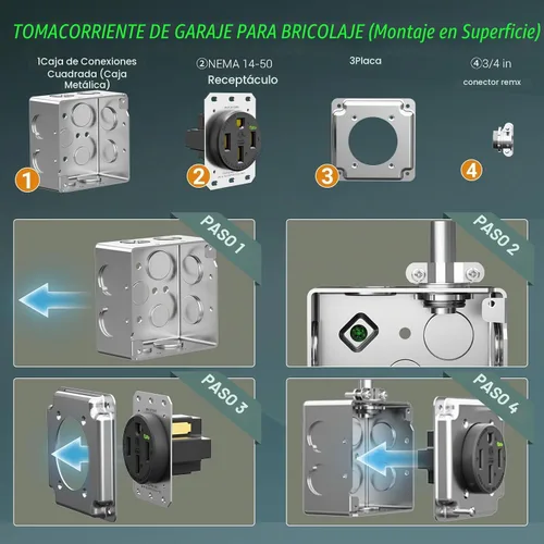 Vista 3 de Nema 14-50 EV Outlet con kit de caja de montaje en superficie, 50 amperios EV carga recta dispositivo receptáculo resistente, grado industrial, 3
