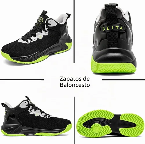 Vista 7 de Beita - Tenis de baloncesto para hombre, con parte superior alta, transpirables, antideslizantes Negro/Verde