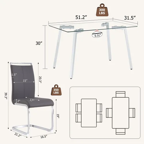 Vista 3 de Juego de mesa de comedor de cristal para 4, mesa rectangular con 4 sillas de cocina de cuero gris, juego de comedor de cocina de 51 pulgadas, mesa 4