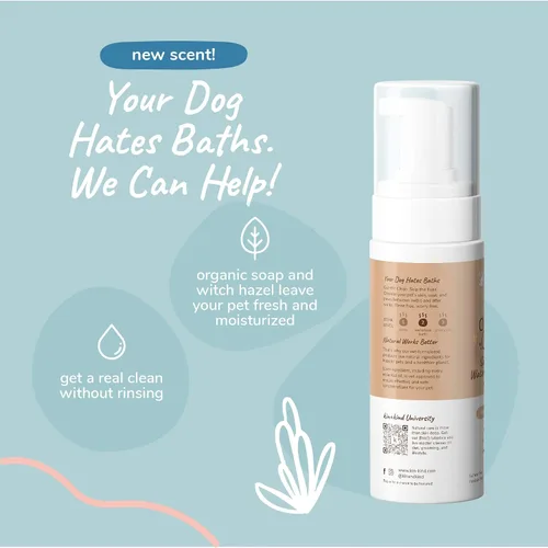 Vista 2 de kin+kind Champú seco sin agua para perros, sin enjuague, elimina la picazón y el olor, fórmula natural con hamamelis, aceite de coco, aceite