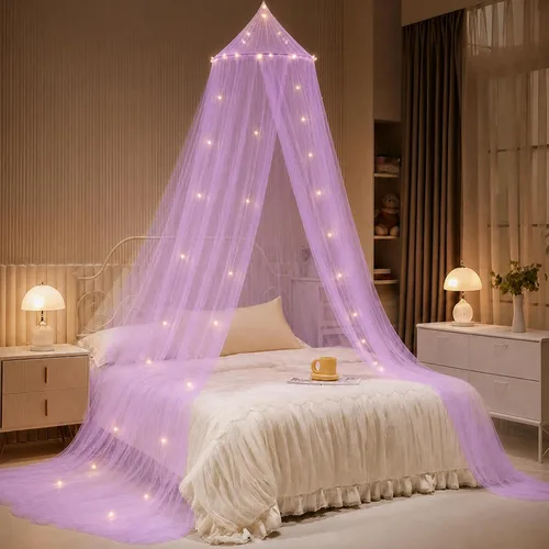 Vista 9 de Dosel de Cama con Luces, Dosel de Cama para Niñas Princesa con Estrellas Luminosas, Cortinas de Cama con Dosel para Camas de Individual a King