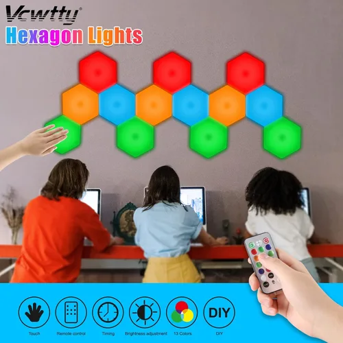 Vista 3 de Luces Hexagonales, Luces LED Inteligentes de Pared con Control Remoto, 13 Colores Táctiles DIY Paneles de Pared RGB Modulares Ensamblados, Luz