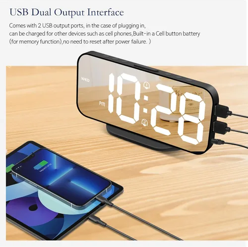 Vista 5 de Reloj despertador digital para dormitorio, superficie de espejo LED de 6.7 pulgadas con 2 puertos de carga USB, brillo ajustable, alarma doble