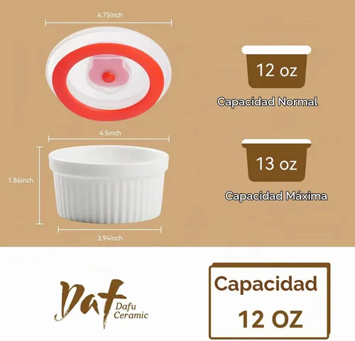 Vista 2 de Dafuceramic Ramequines con tapas, 12 onzas, color blanco, creme Brulee, moldes de cerámica aptos para horno, juego de 6 natillas de porcelana