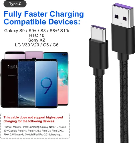 Vista 6 de Cable de Carga [2Pack 6 pies] para 15pro, Cable Negro con Cargador para Samsung Galaxy S9 S10 S8Plus (Carga Rápida 3A), Cable Cargador TPE USB C