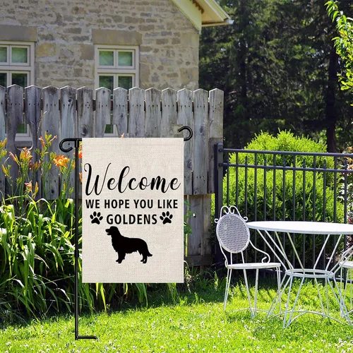Vista 3 de Golden Retriever - Bandera de jardín Golden Retriever con la frase "Welcome We Hope You Like Goldens", bandera de jardín (Like Goldens F)