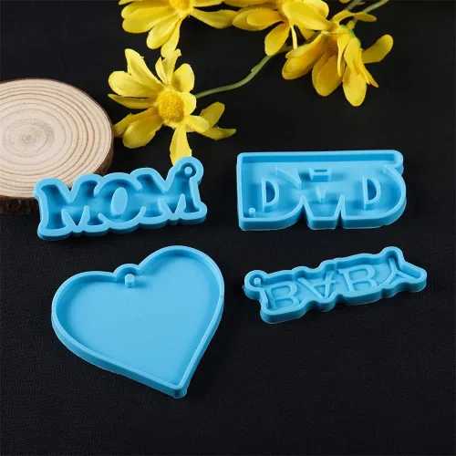 Vista 6 de 1 molde de resina epoxi con letras de mamá papá, moldes de silicona para colgantes de corazón, molde de fundición para herramientas de fabricación