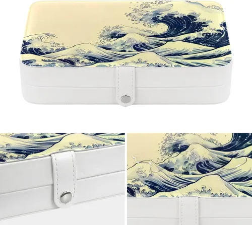Vista 4 de Ocean Waves Retro Style Jewelry Box Necklace Ring Storage Organizer, PU Leather Jewelry case Portable Travel Jewelry Organizer for Women Girls