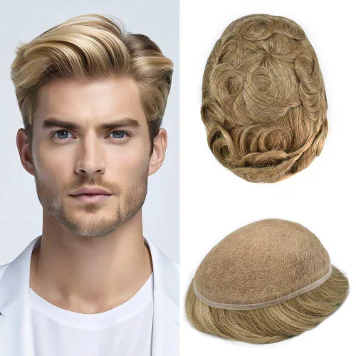 Vista 74 de Peluca de cabello humano con encaje completo, línea capilar real, para hombre, peluca de cabello con nudo blanqueado, pieza de pelo para hombres