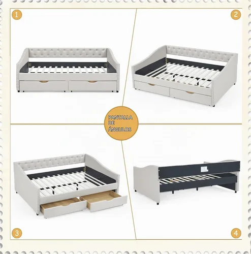 Vista 7 de Base de cama tamaño matrimonial de madera, base de cama diurna con 2 cajones de almacenamiento, sofá cama tapizada de tamaño matrimonial con diseño