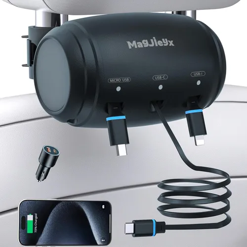 Vista 7 de MAGJIEYX Caja de Estación de Carga Retractable Multi para Coche, 3 en 1, Soporte de Carga Rápida para Reposacabezas, Cable de Carga USB Tipo C