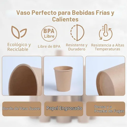 Vista 3 de Lamosi 200 paquete de tazas de papel kraft de 10 onzas, tazas de café de papel desechables marrones, tazas sin blanquear para bebidas