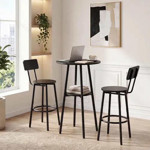 Vista 7 de HOOBRO 3 Pieces Round Bar Height Table and Chairs Set, Round Dining Table Set, Pub Table and Chairs for Small Space, 2 Tier Kitchen Table and Bar