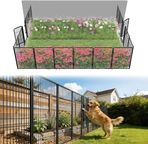 Vista 31 de FXW Valla de jardín al aire libre para el patio, 17 pulgadas de alto x 29.3 pies de largo, barrera de metal resistente para animales, para perros