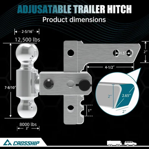 Vista 6 de Enganche de remolque ajustable – Enganche de barra de tracción de caída de aluminio resistente – Se adapta a receptor de 2 pulgadas, caída/elevación