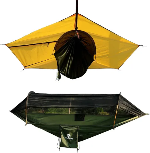 Vista 10 de WintMing - Hamaca con mosquitera y cubierta para moscas de lluvia, 3 en 1, hamaca de campamento, 440 libras de carga