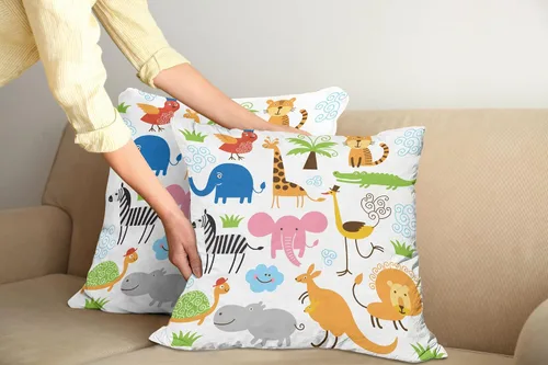 Vista 2 de Ambesonne Paquete de 2 fundas de cojín de animales, diseño de jirafa, elefante, cebra, tortuga, niños, guardería, estampado de dibujos animados