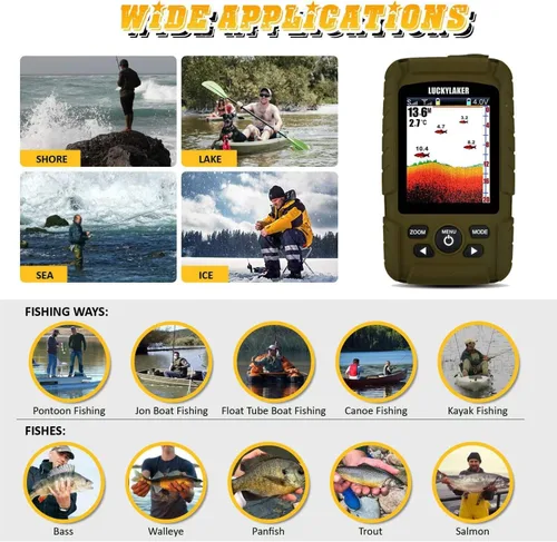 Vista 7 de LUCKY Buscador de peces inalámbrico de mano para barco, transductor con cable, sensor sonar, impermeable, portátil, buscadores de profundidad