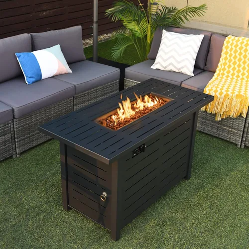 Vista 2 de Tangkula Patiojoy - Mesa rectangular de gas propano de 42 pulgadas con marco de acero sólido, encendido eléctrico, incluye rocas de lava y cubierta