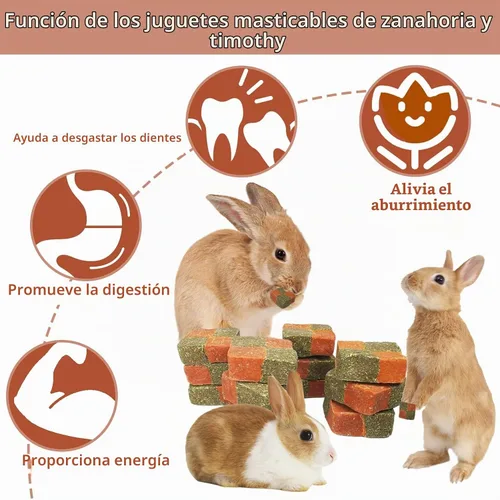 Vista 4 de Fhiny 12 piezas de juguetes masticables de zanahorias de conejo, cubos de galletas de heno Timothy naturales, golosinas molares de conejo